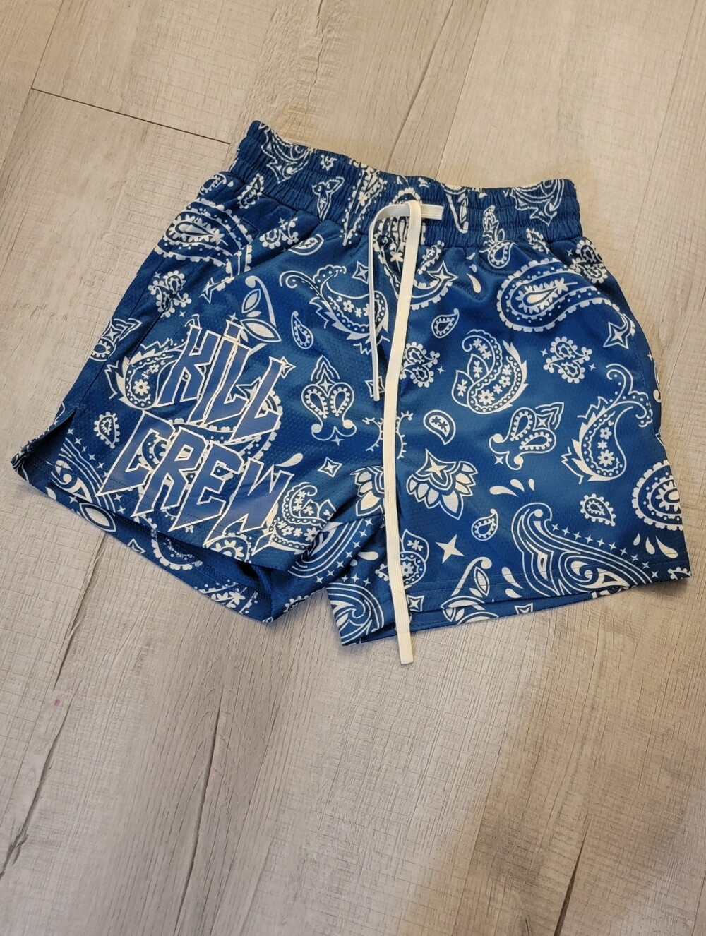 Kill Crew Blue Paisley Athletic Shorts with White Drawstring